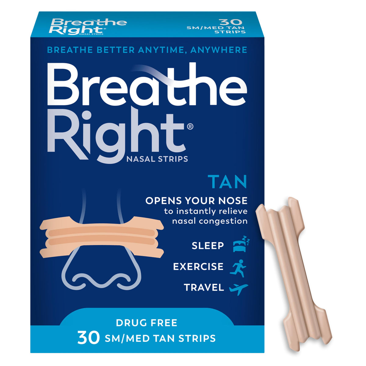 Breathe Right empaque frontal mostrando 26 tiras y beneficio de alivio rápido