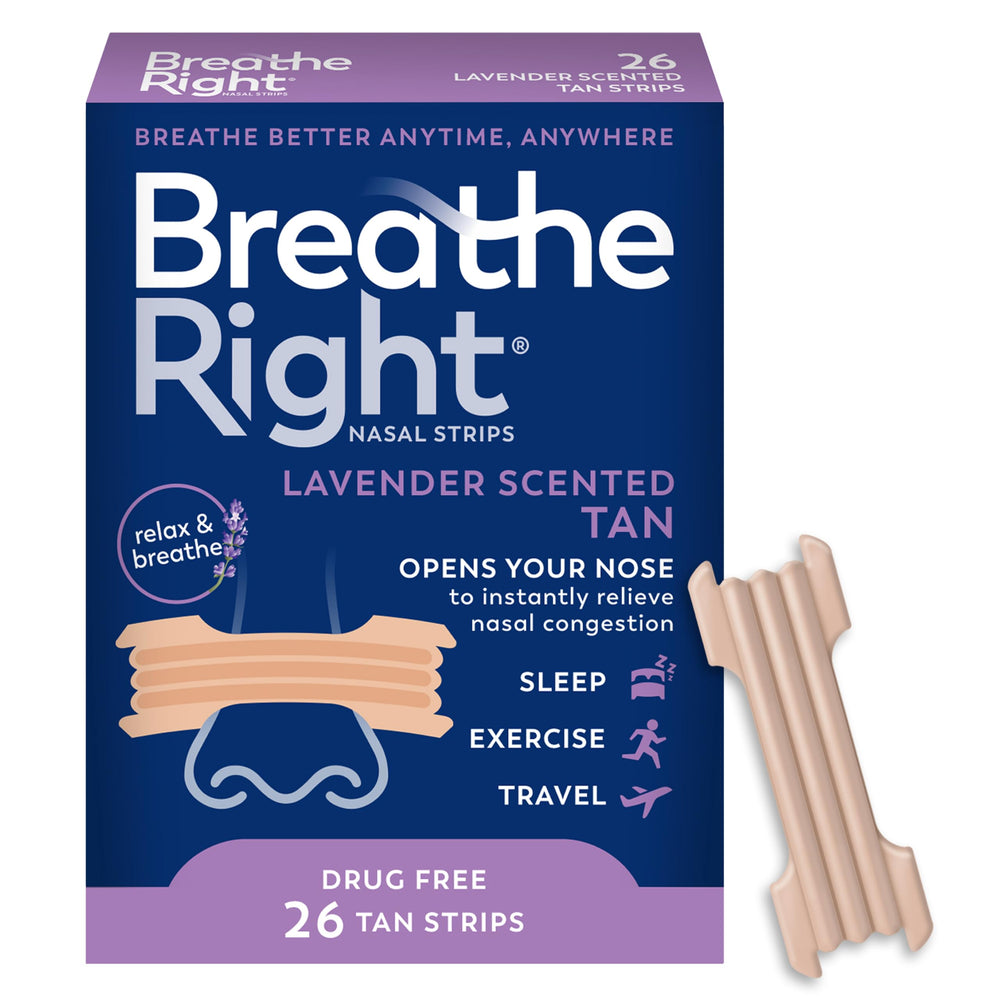 Breathe Right frente del empaque mostrando 26 tiras, fácil identificación