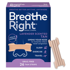 Breathe Right frente del empaque mostrando 26 tiras, fácil identificación