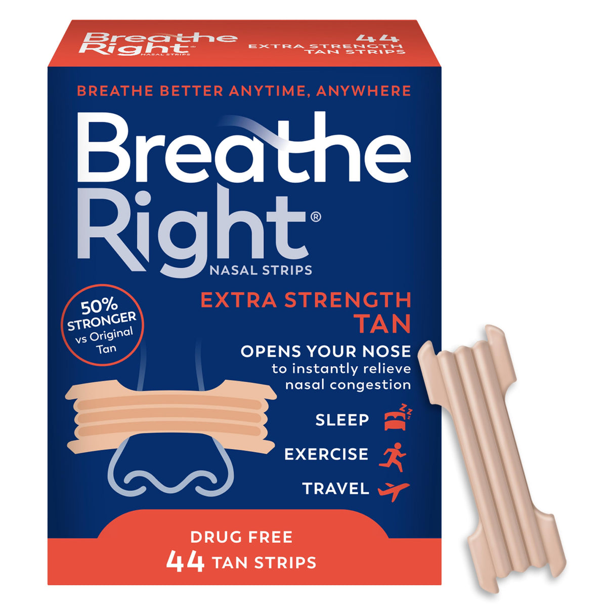 Breathe Right paquete frontal tan mostrando 30 unidades y beneficio comodidad