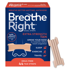 Breathe Right paquete frontal tan mostrando 30 unidades y beneficio comodidad