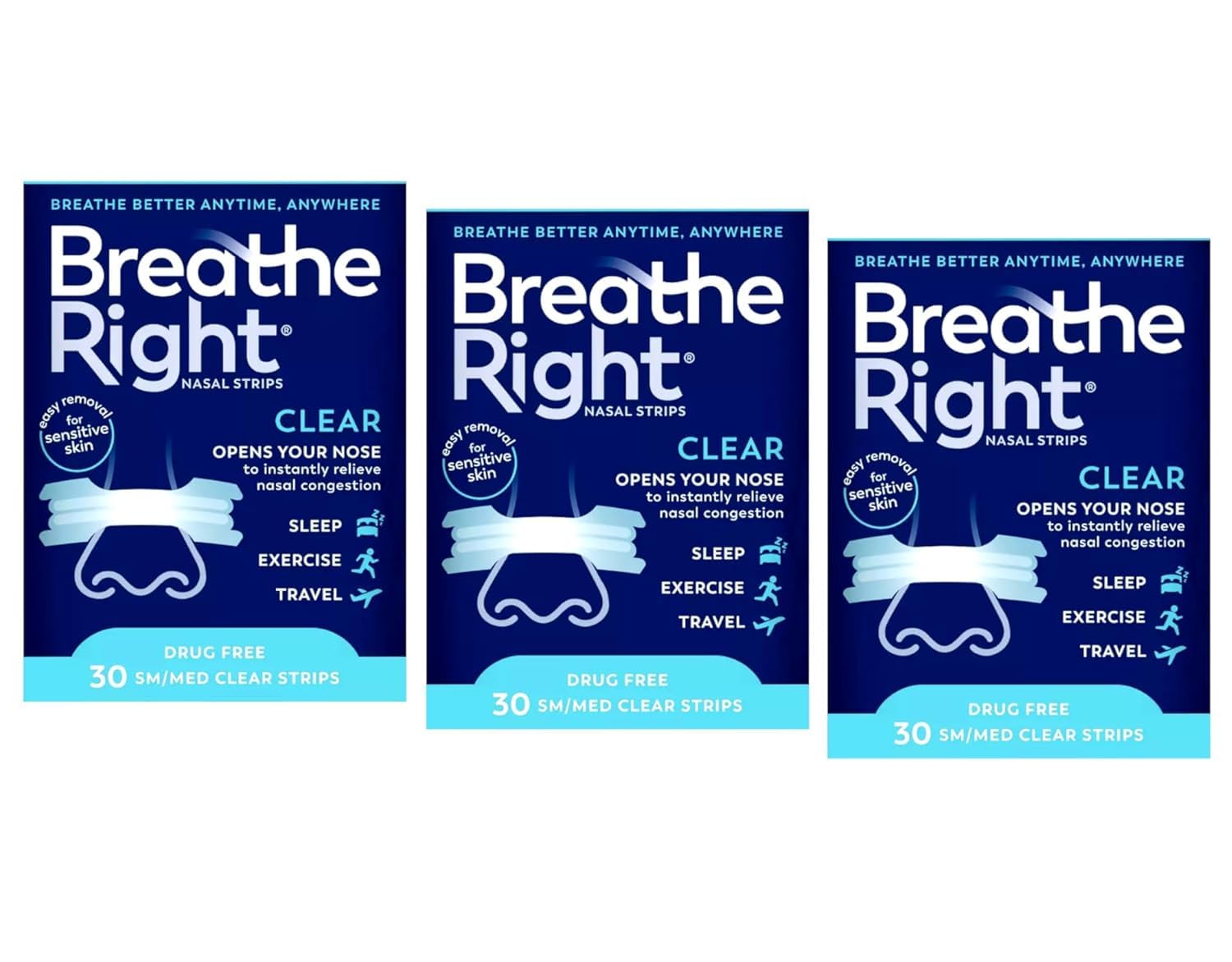 Breathe Right empaque frontal claro mostrando el pack de 3 y benefit comodidad