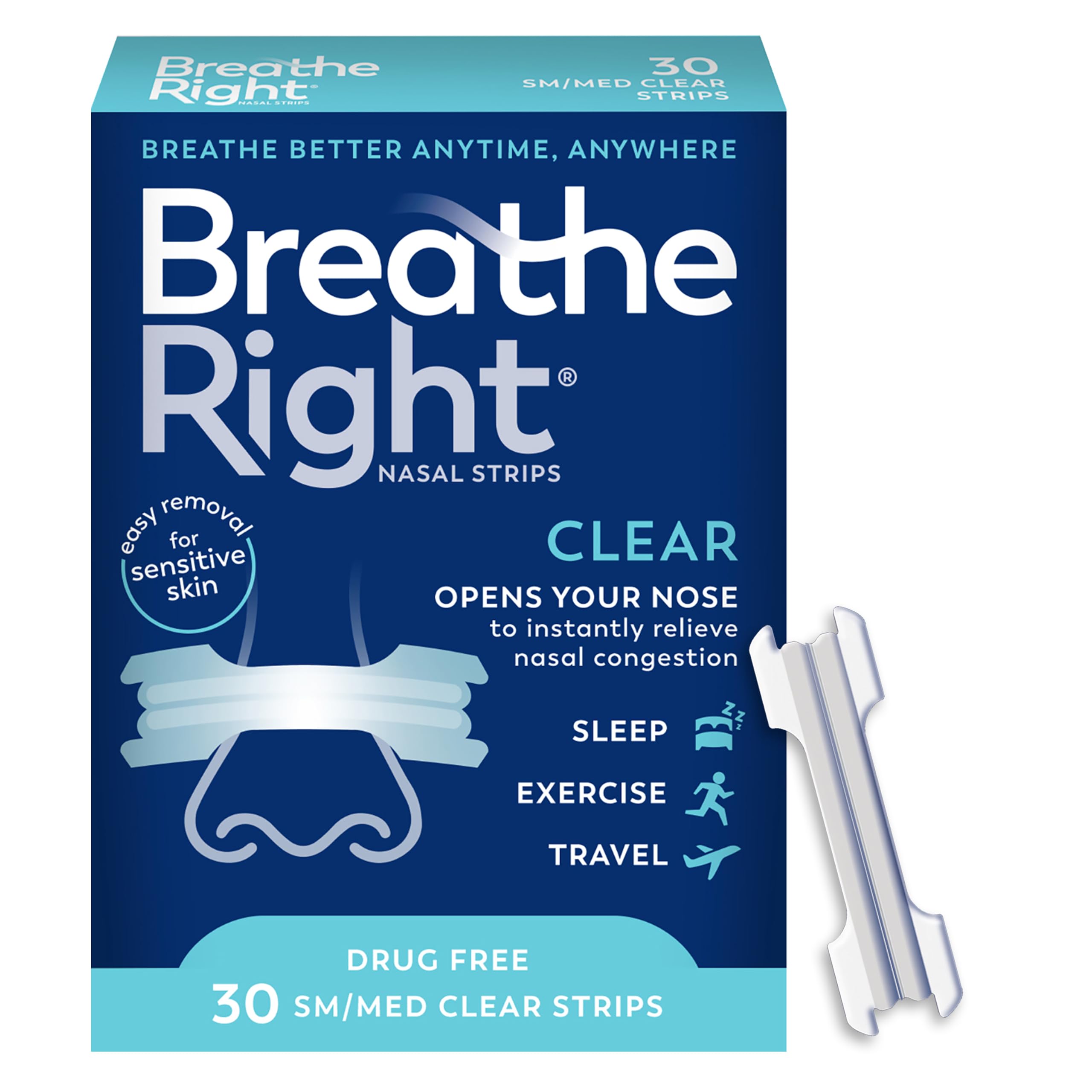 Breathe Right empaque frontal mostrando 30 tiras para alivio nasal