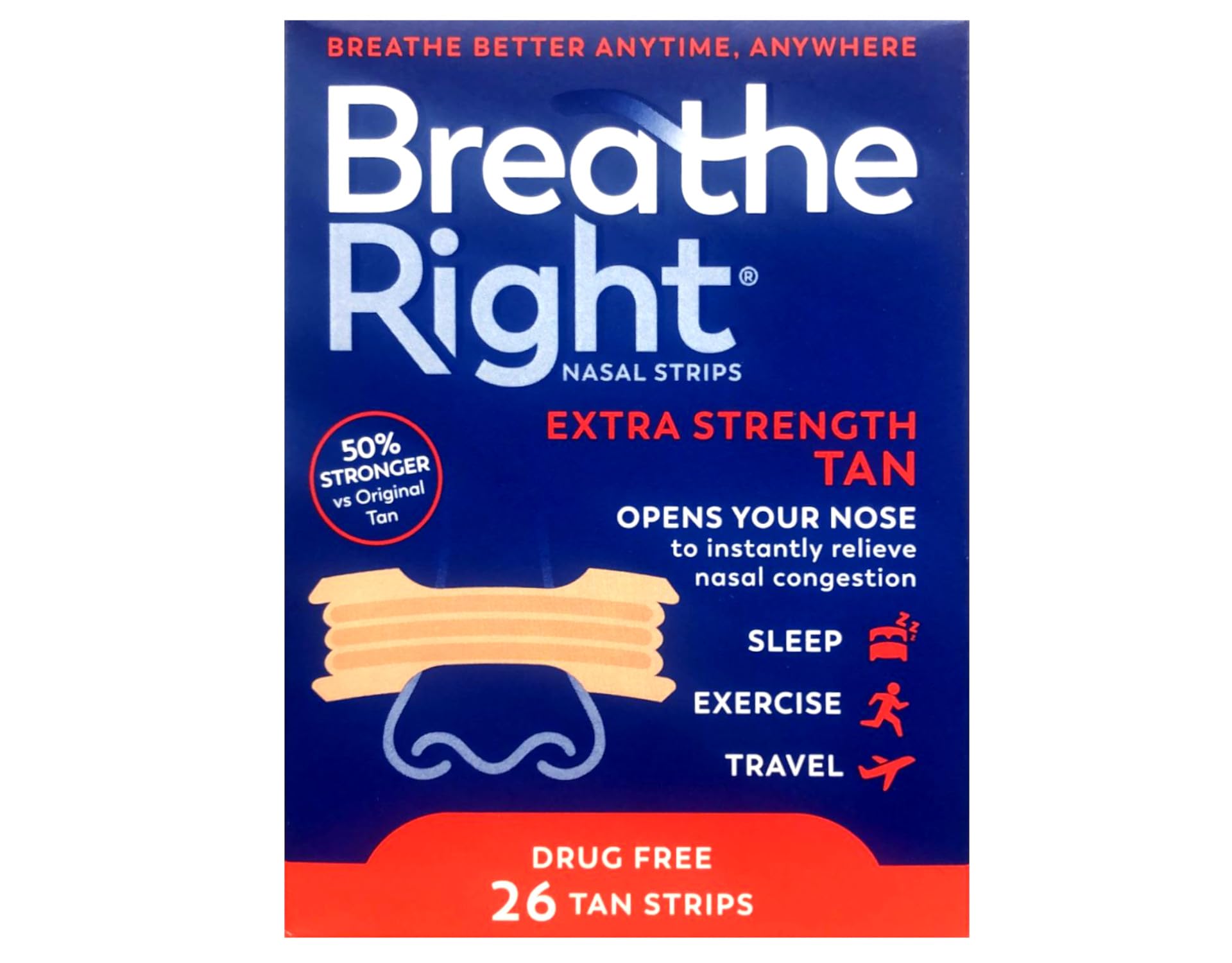 Breathe Right empaque frontal mostrando 78 tiras, ayuda a respirar mejor