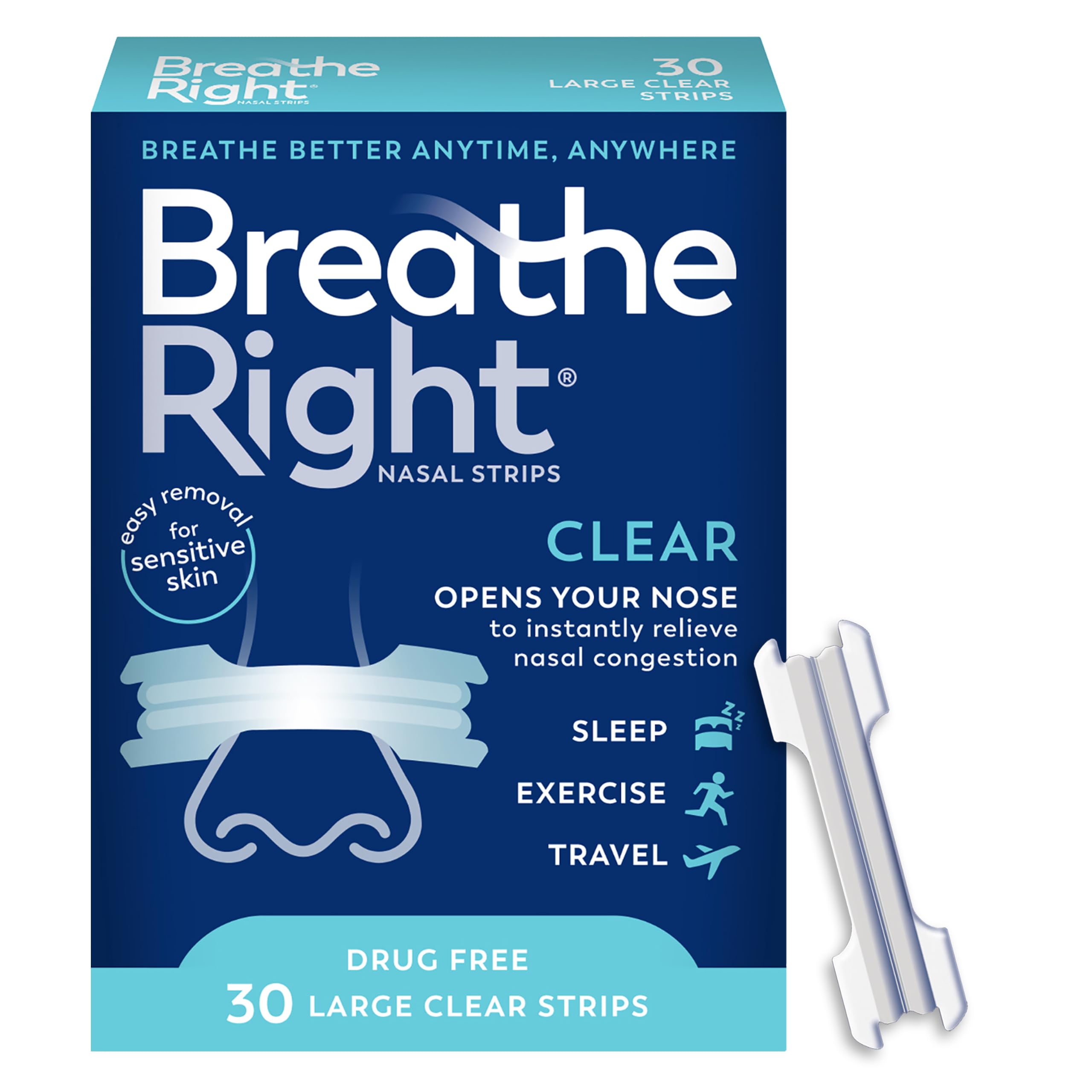 Breathe Right empaque frontal mostrando 30 tiras y tamaño grande para alivio rápido