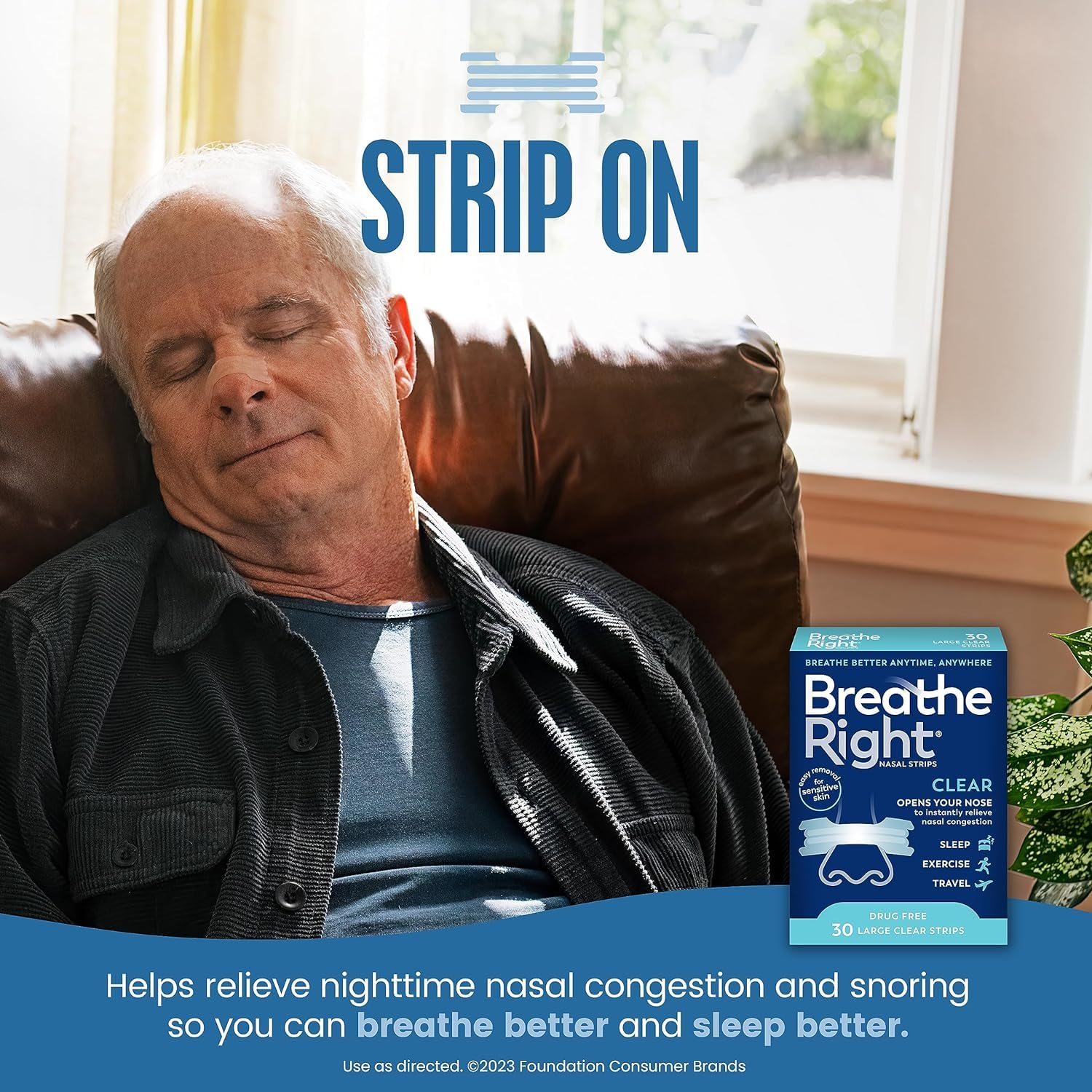 Breathe Right primer plano de la tira clara con textura flexible y beneficio piel delicada