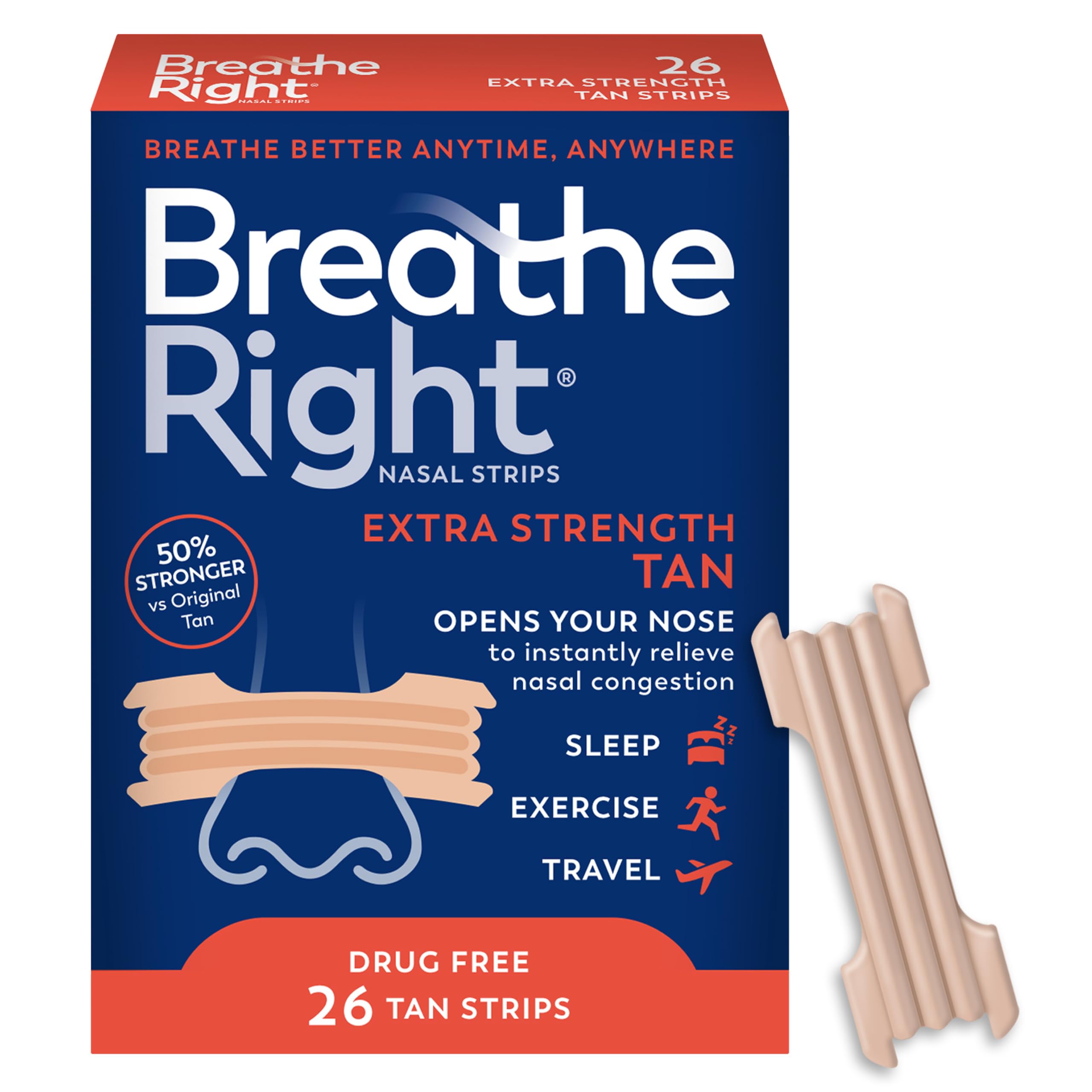 Breathe Right empaque frontal en color tan mostrando 26 unidades y beneficio respiratorio