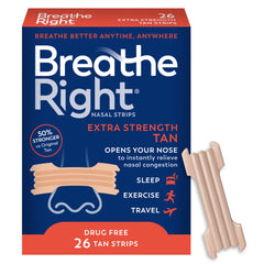 Breathe Right empaque frontal en color tan mostrando 26 unidades y beneficio respiratorio