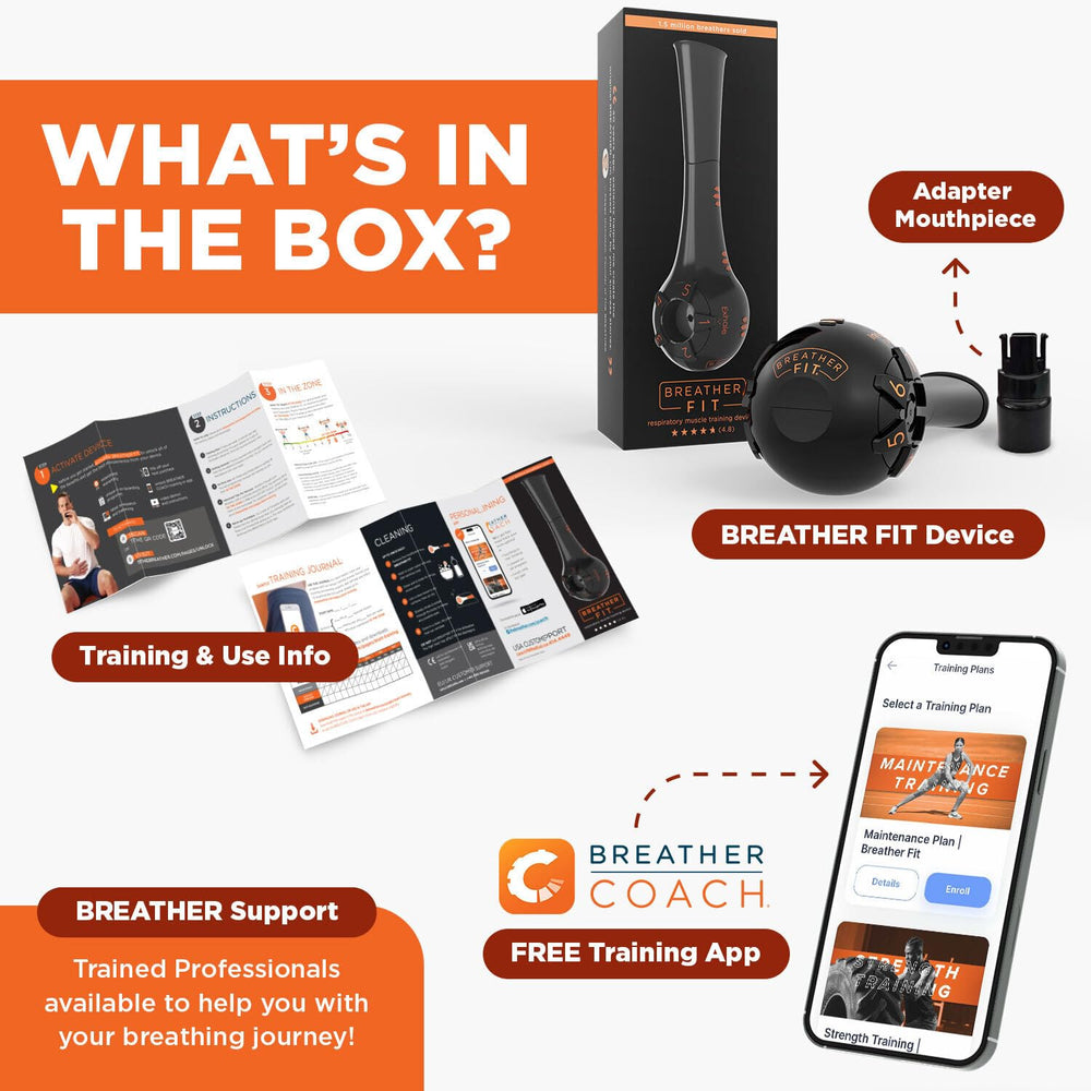 Breather Fit junto a iPhone con app Breather Coach guiando sesiones