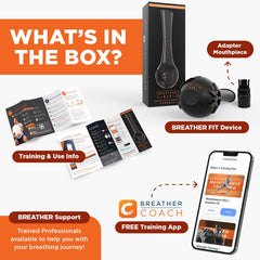 Breather Fit junto a iPhone con app Breather Coach guiando sesiones