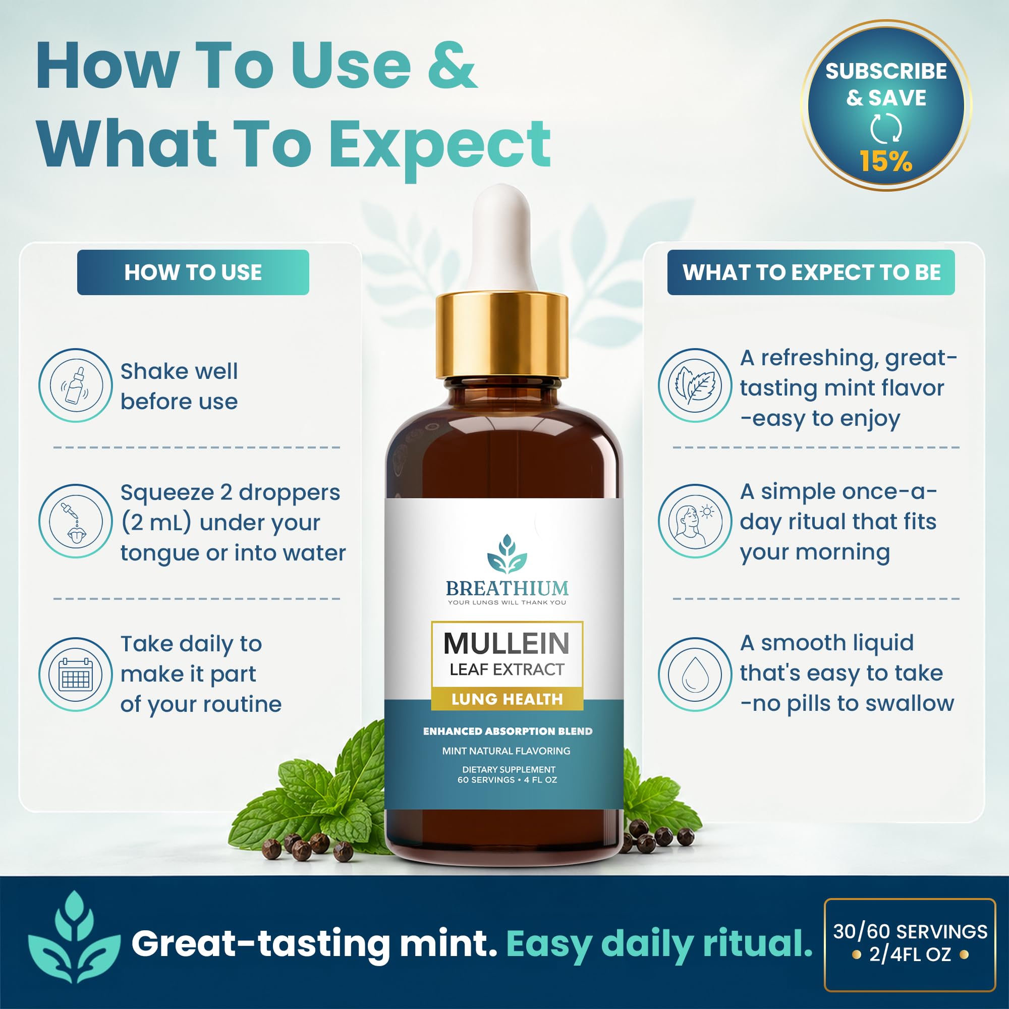 BREATHIUM frasco en ambiente con hojas de menta, sensación fresca y natural