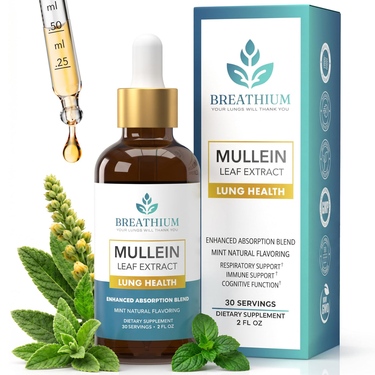 BREATHIUM frasco frontal mostrando etiqueta y tamaño, claridad de marca y uso