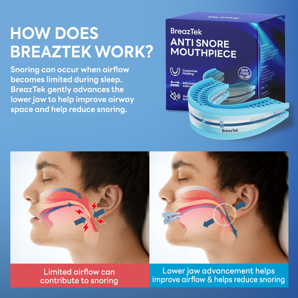 Usuario colocándose el dispositivo BreazTek antes de dormir para noches más silenciosas