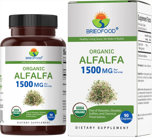 Brieofood frasco frontal con 90 tabletas de alfalfa orgánica, presentación clara