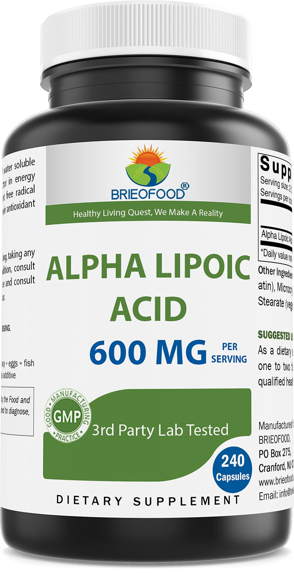 Brieofood Alpha Lipoic Acid bottle front view for daily antioxidant support.