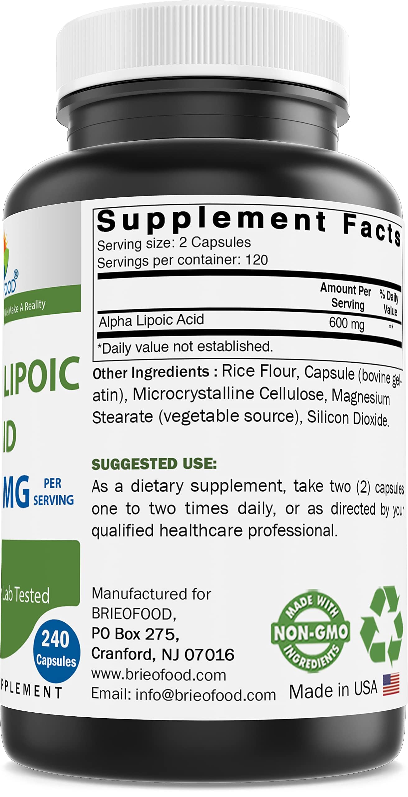 Brieofood Alpha Lipoic Acid capsules close-up highlighting 600 mg per serving.