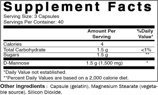 Brieofood D-Mannose Cápsulas, etiqueta clara y sin aditivos.