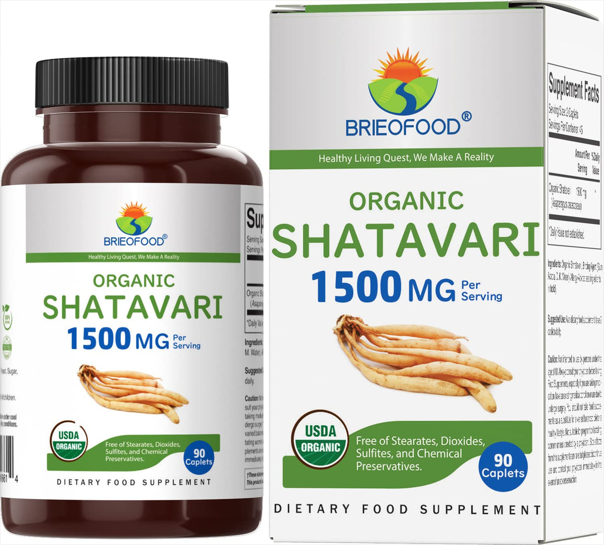 Brieofood frasco frontal de Shatavari orgánico mostrando envase y cantidad
