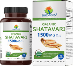 Brieofood frasco frontal de Shatavari orgánico mostrando envase y cantidad
