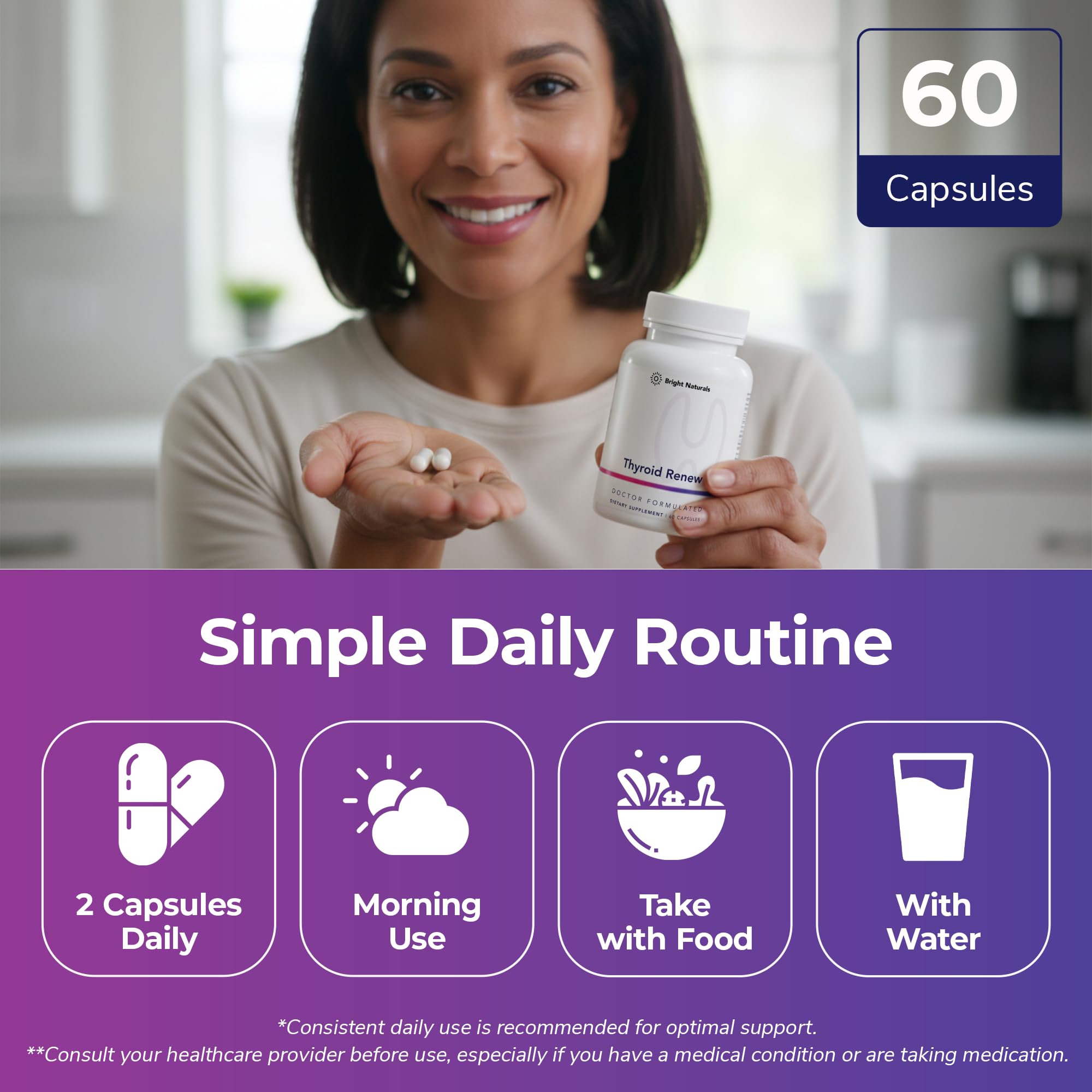 Bright Naturals cápsula junto a un desayuno saludable para integración diaria