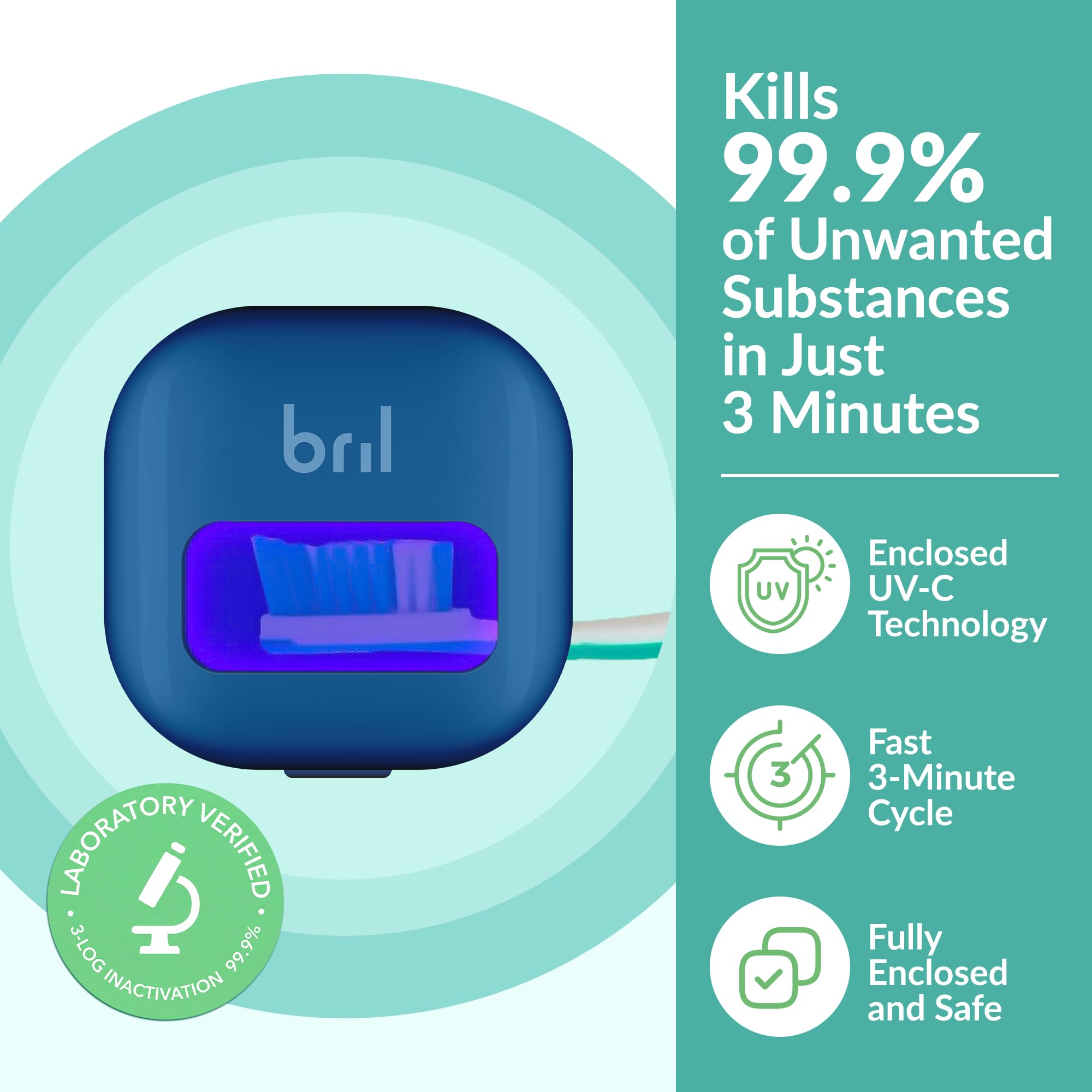 Bril primer plano de cámara UV-C mostrando seguridad de desinfección
