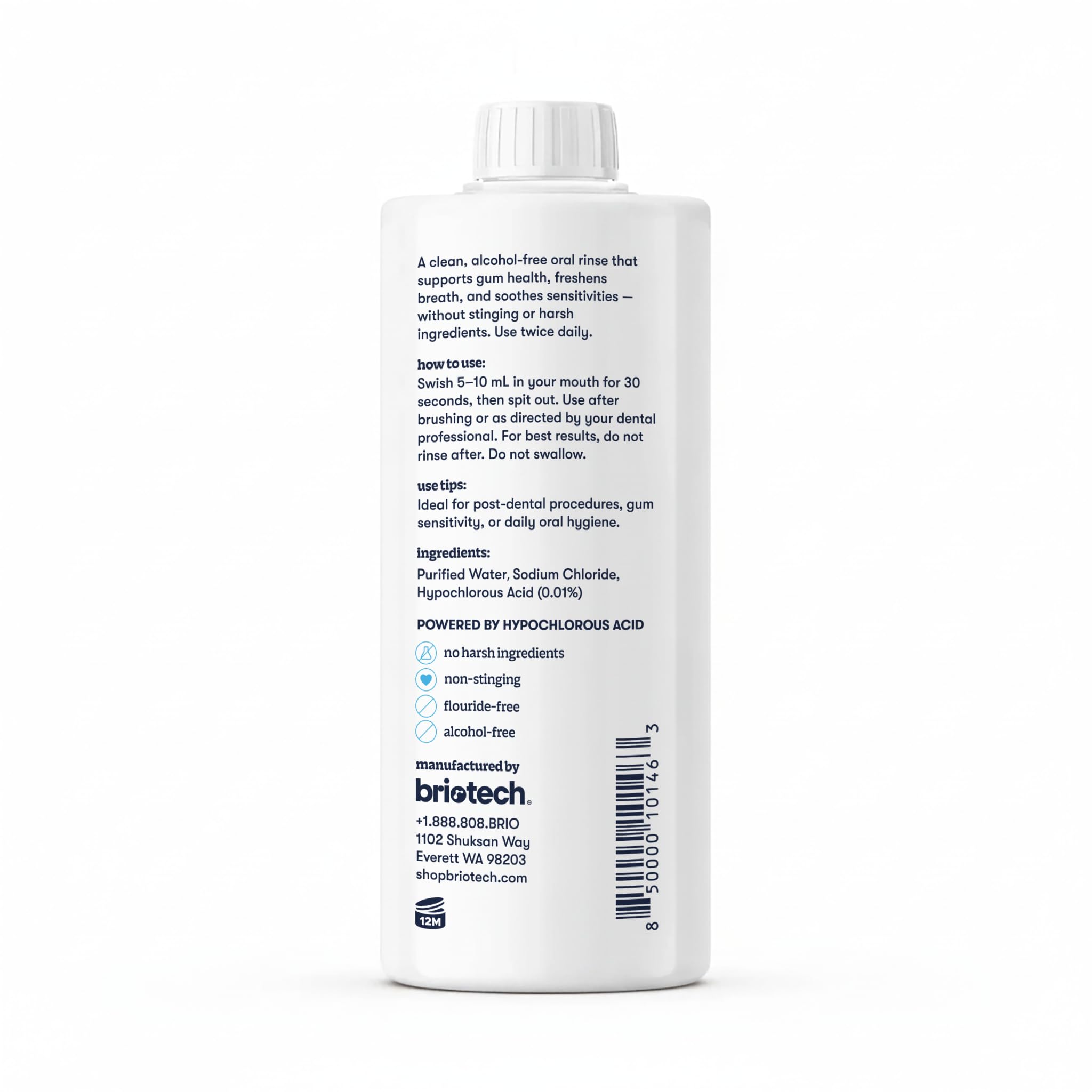 Escenario de baño con BRIOTECH Oral Swish entre productos, rutina oral completa