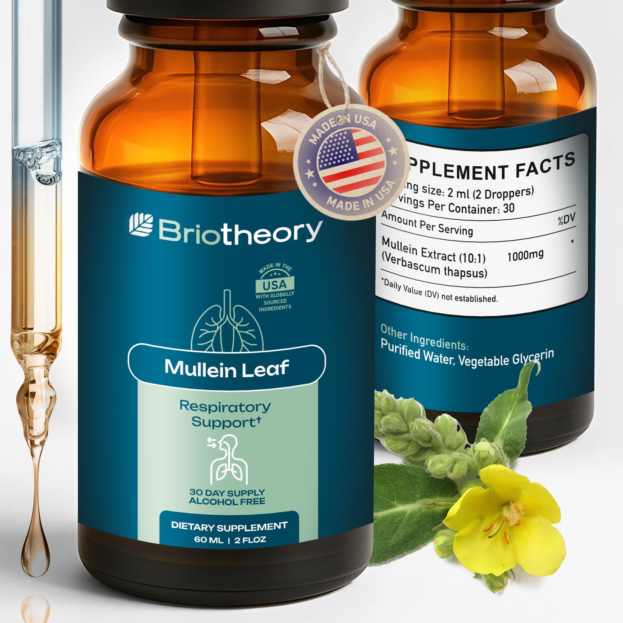 BRIOTHEORY frasco frontal de Mullein 60 ml mostrando diseño y beneficios