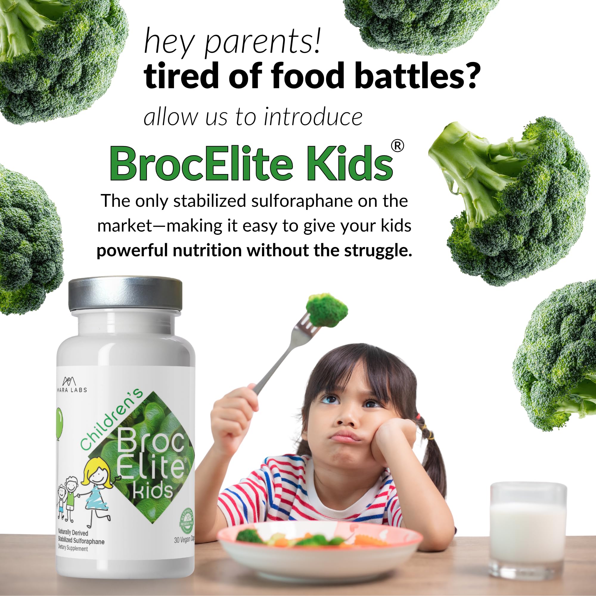 BrocElite Kids cápsulas sobre la mano para apreciar tamaño y dosificación