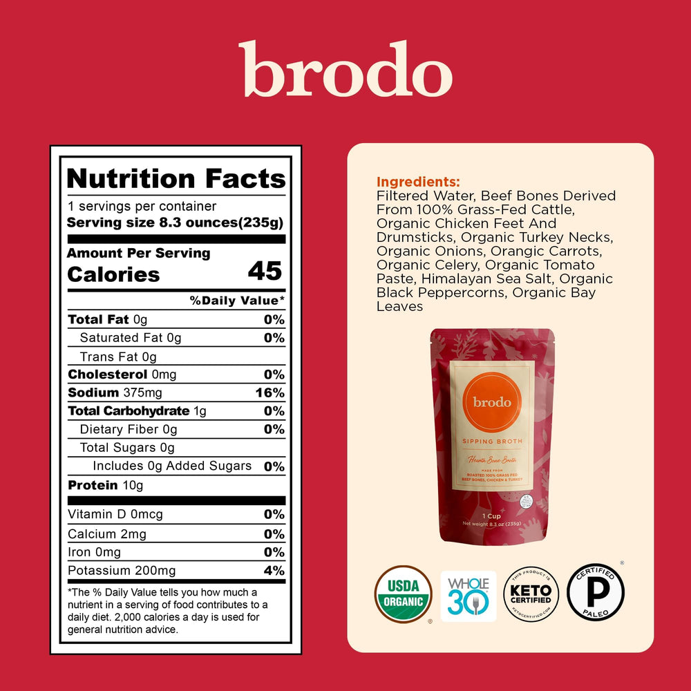 Brodo etiqueta frontal con ingredientes orgánicos, transparencia