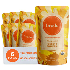 Brodo frente del empaque mostrando pouches y marca, conveniencia inmediata