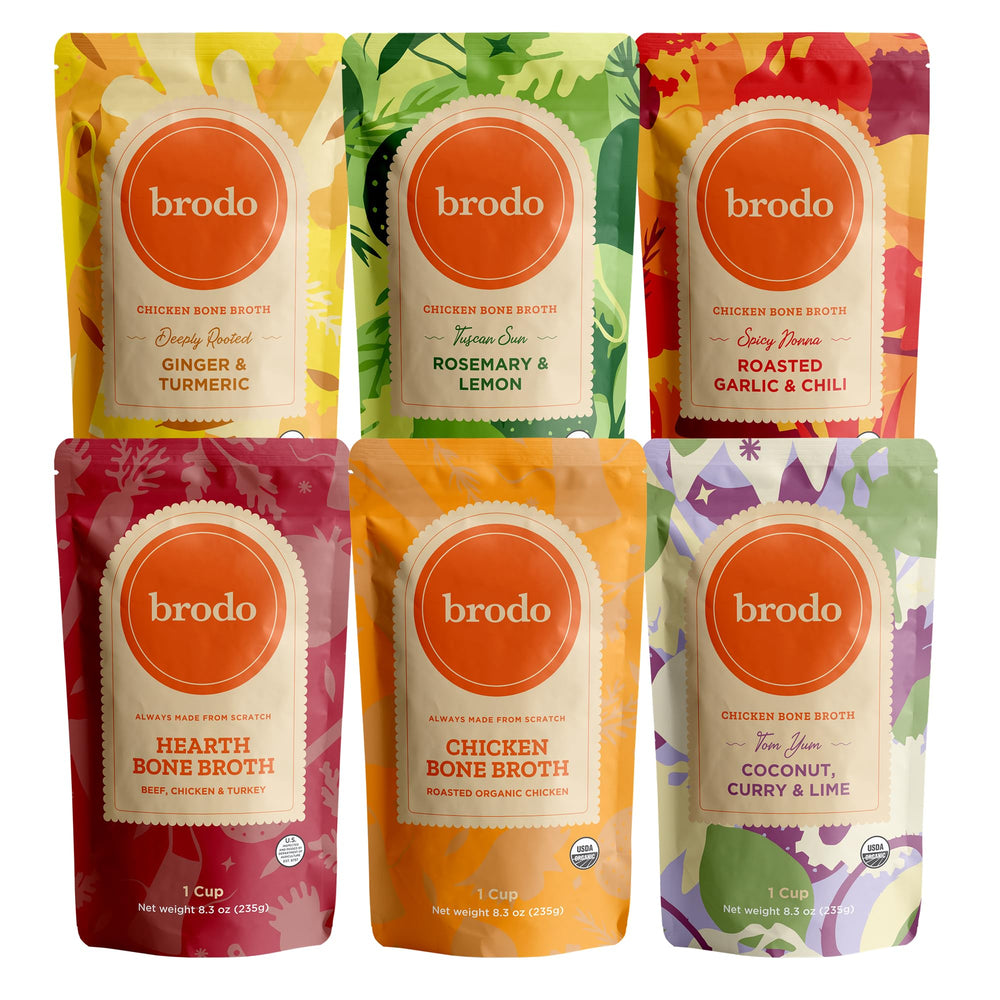 Brodo paquete variedad frente mostrando sobres y conveniencia