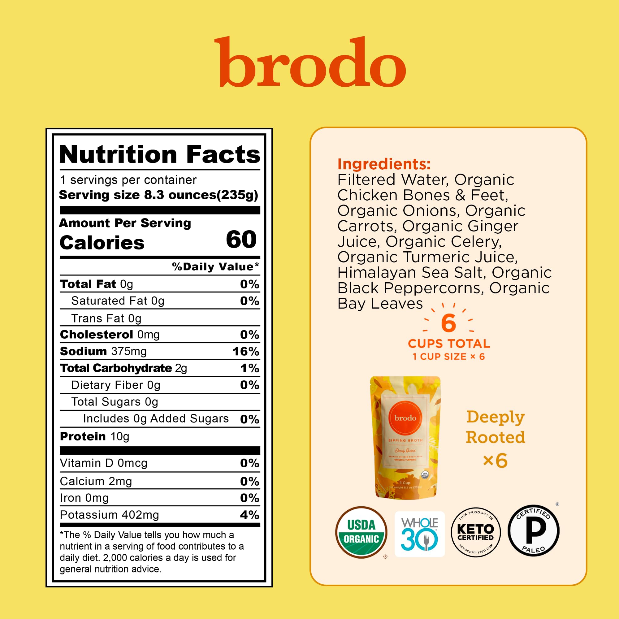 Brodo pouch abierto listo para beber en mano, comodidad para llevar