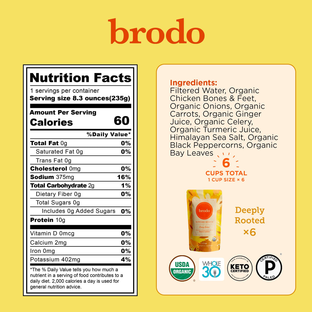 Brodo pouch abierto listo para beber en mano, comodidad para llevar