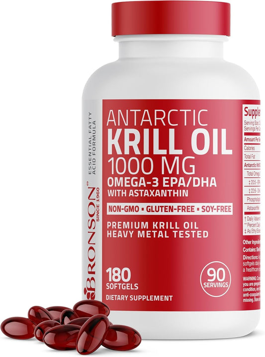 Bronson envase frontal de Antarctic Krill Oil 1000 mg mostrando 180 softgels y etiqueta clara