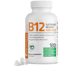 Envase Bronson B12 1000 mcg frontal mostrando cantidad y formato vegano, facilita elección clara