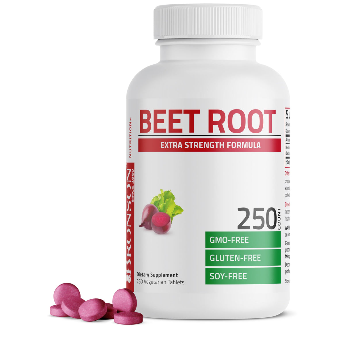 Bronson envase frontal mostrando Beet Root Extra Strength y beneficio de pureza