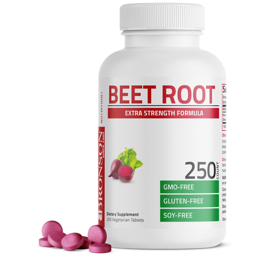 Bronson envase frontal mostrando Beet Root Extra Strength y beneficio de pureza