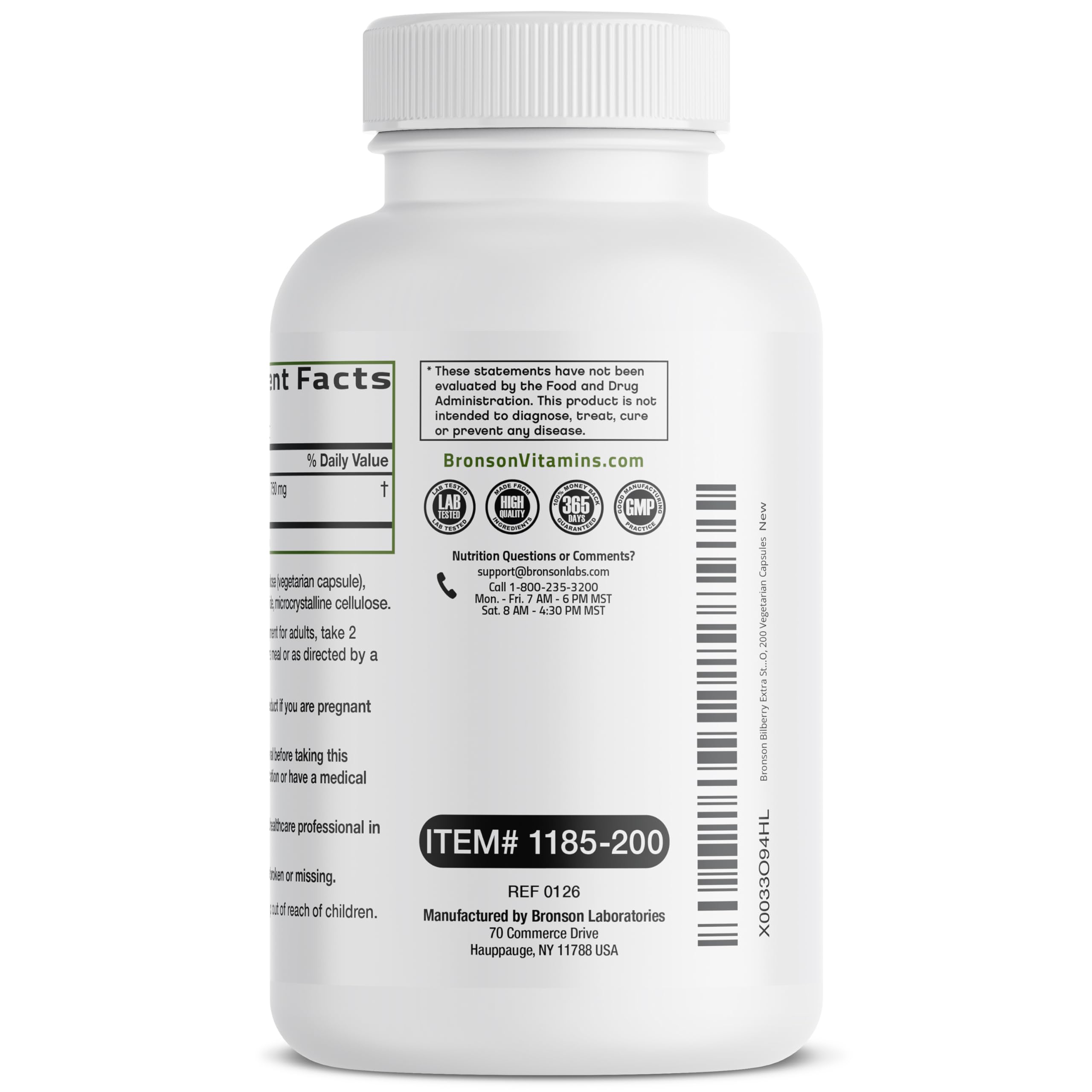 Detalle de etiqueta Bronson bilberry con ingredientes y certificaciones cGMP visibles
