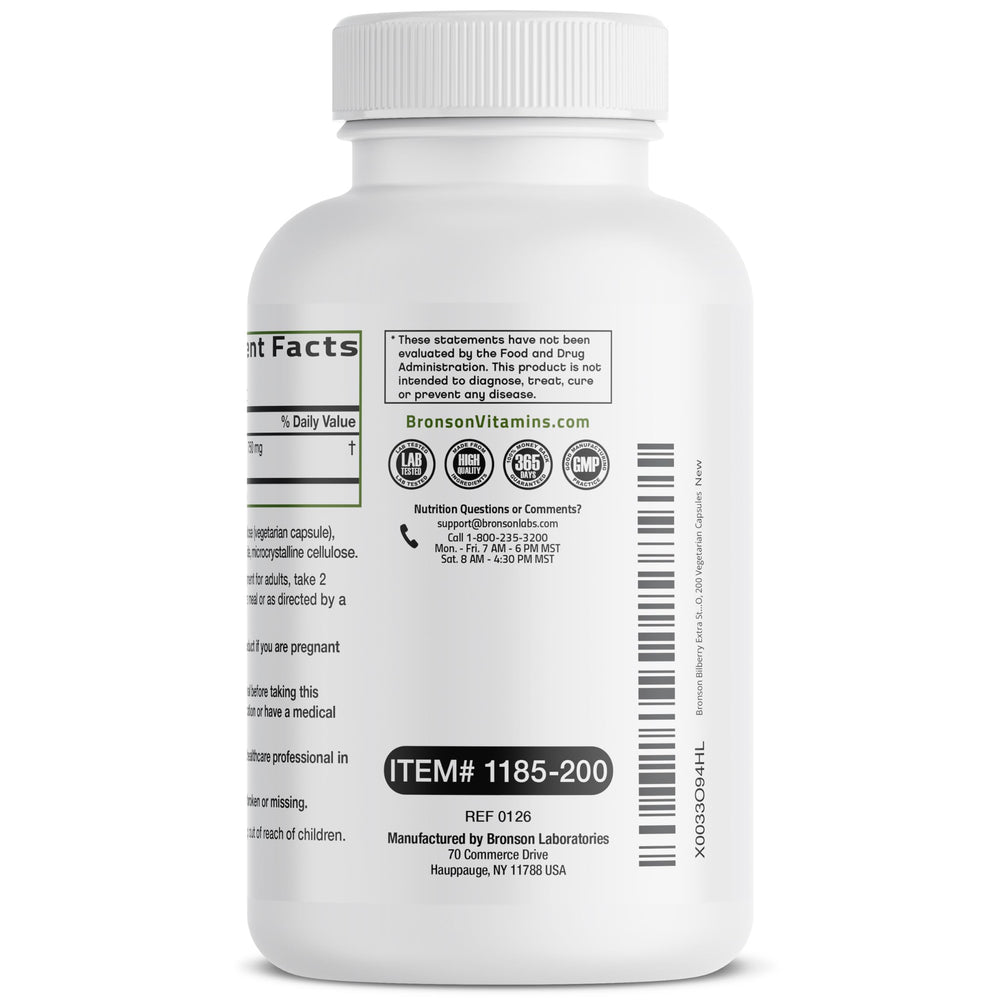 Detalle de etiqueta Bronson bilberry con ingredientes y certificaciones cGMP visibles