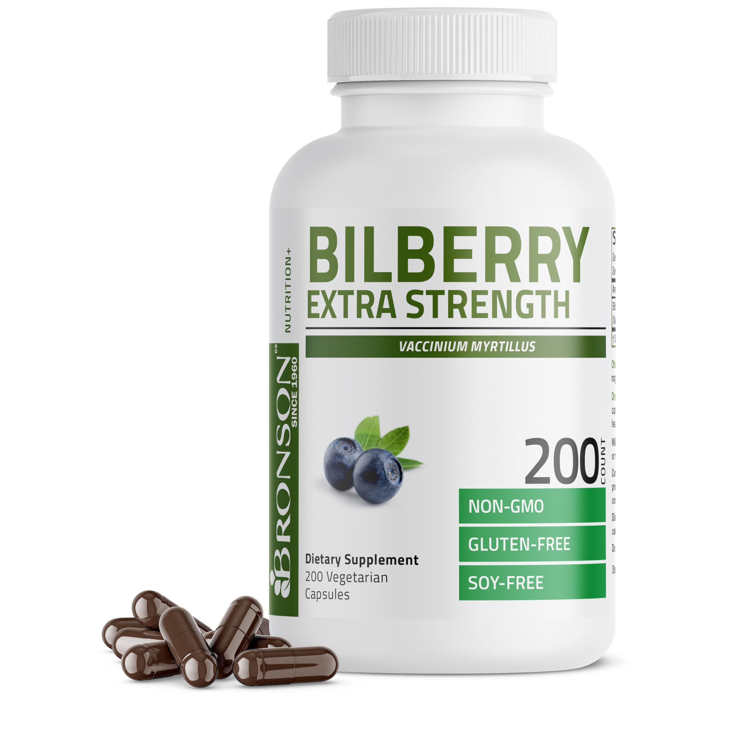 Bronson bilberry frontal del envase mostrando 200 cápsulas y beneficios visibles