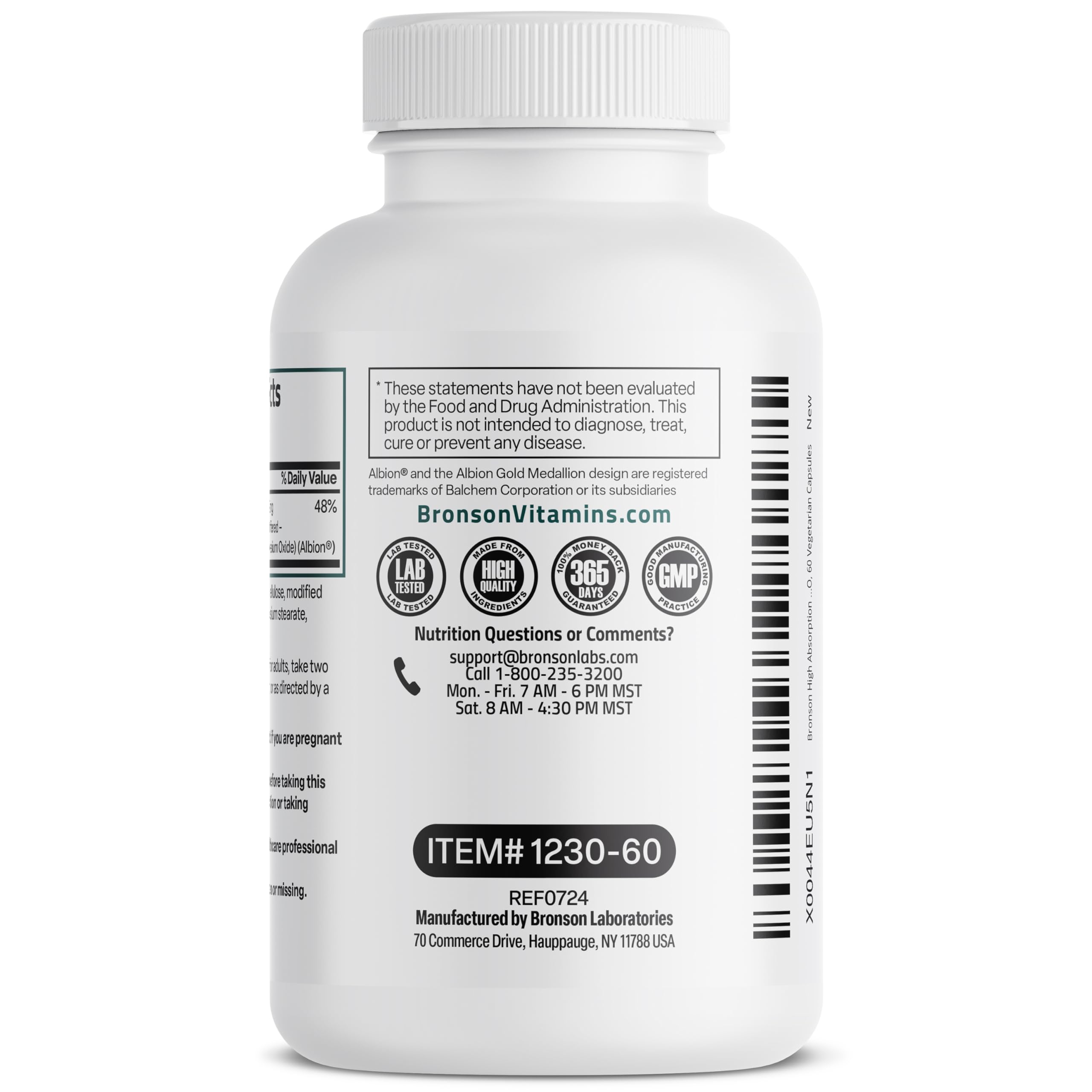 Bronson caja lateral indicando cumplimiento cGMP y control de calidad