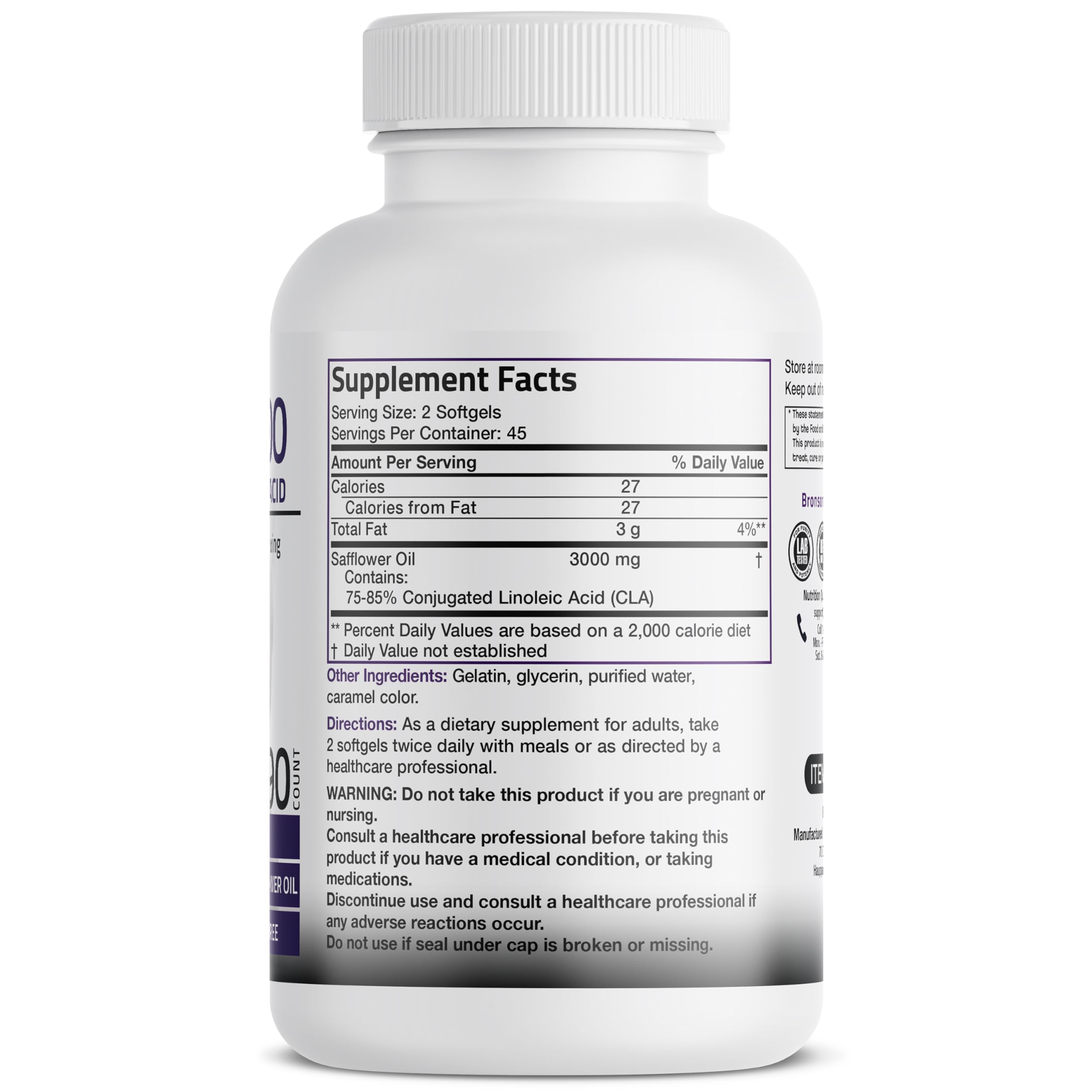 Bronson etiqueta lateral mostrando dosis y certificación cGMP como ventaja