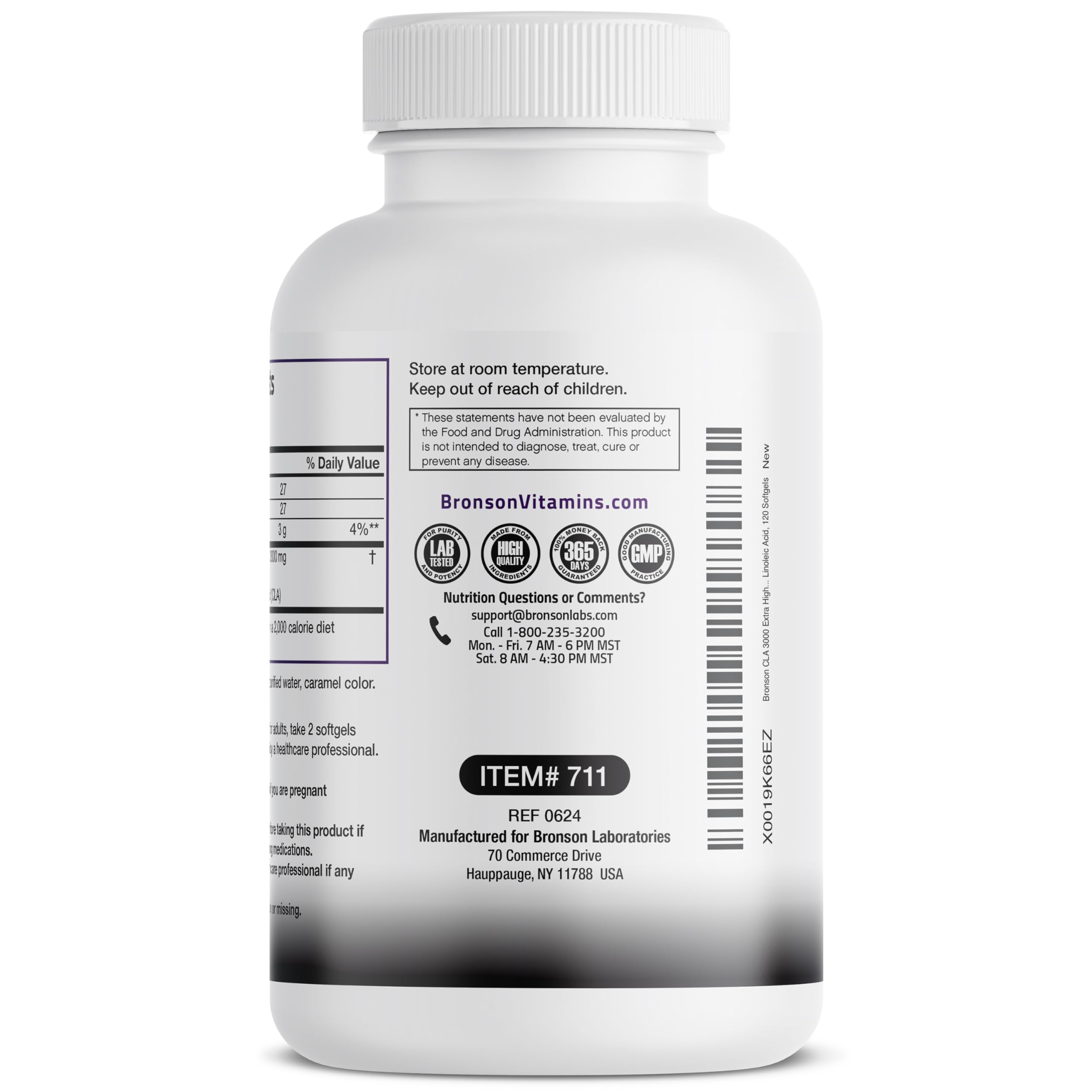 Bronson CLA softgels en la palma demostrando cantidad por porción