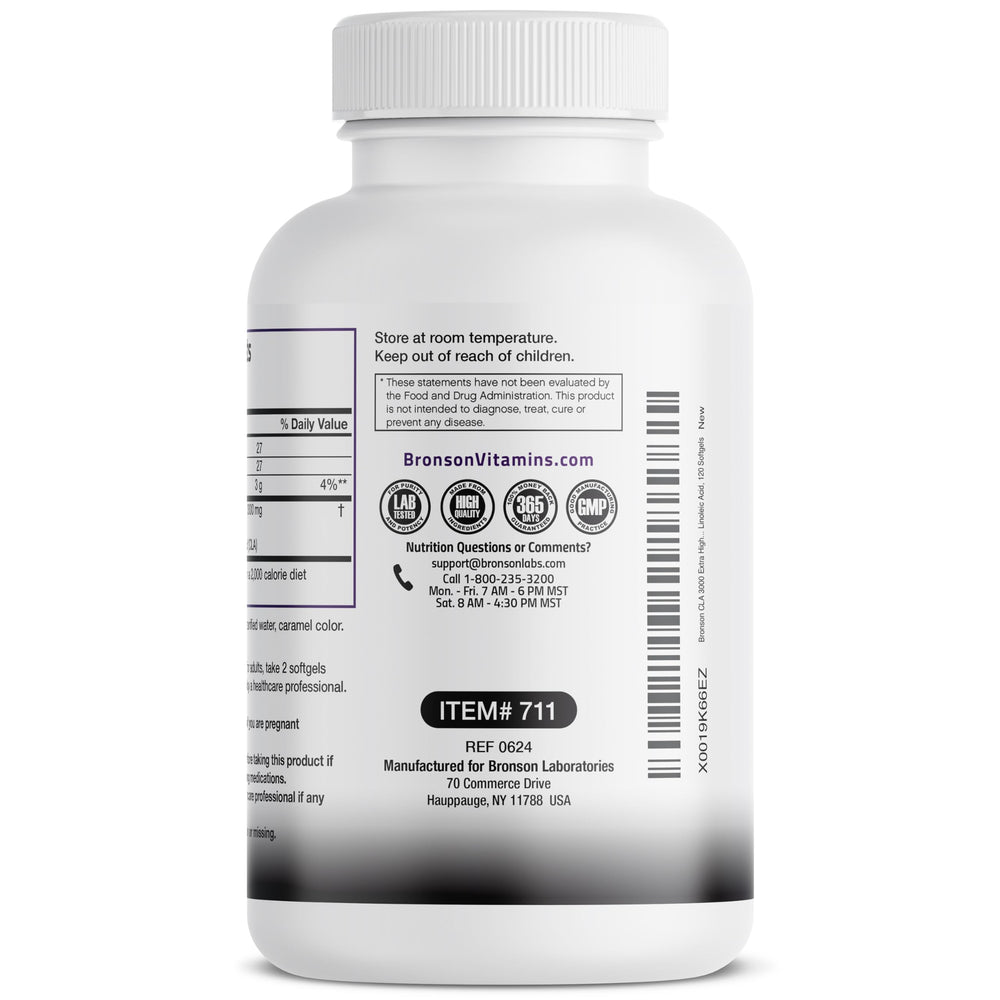 Bronson CLA softgels en la palma demostrando cantidad por porción
