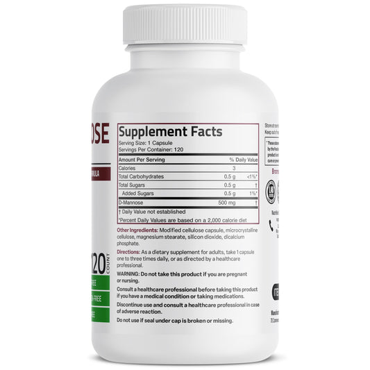 Botella de vidrio Bronson D-Mannose con 120 cápsulas para uso diario