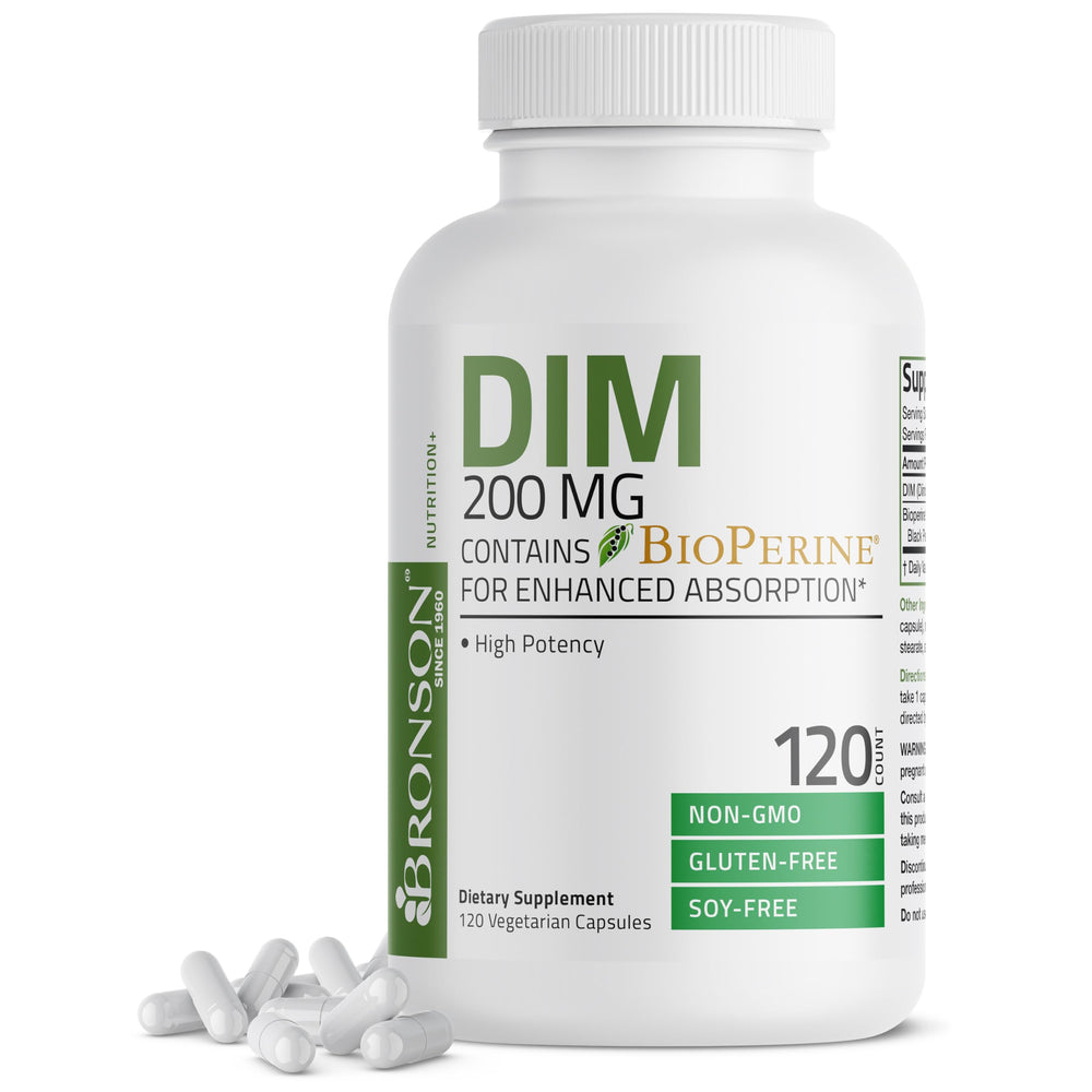 Bronson envase frontal mostrando DIM 200 mg y cápsulas, claridad y confianza