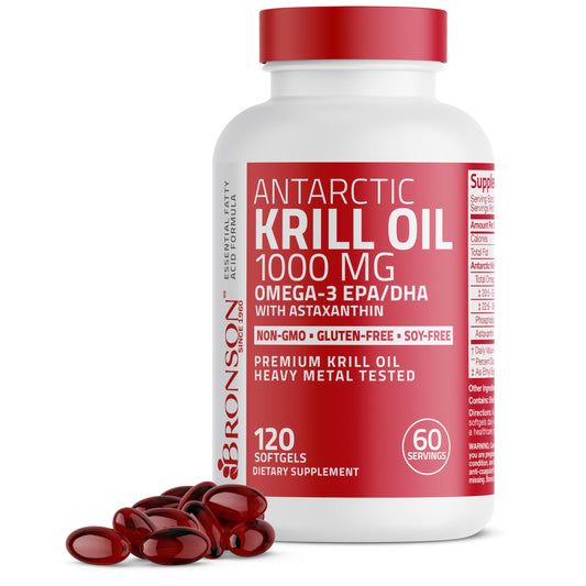 Bronson envase frontal de Antarctic Krill Oil mostrando 120 cápsulas y pureza