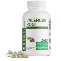 Bronson envase frontal de Valerian Root Capsules mostrando diseño y cantidad