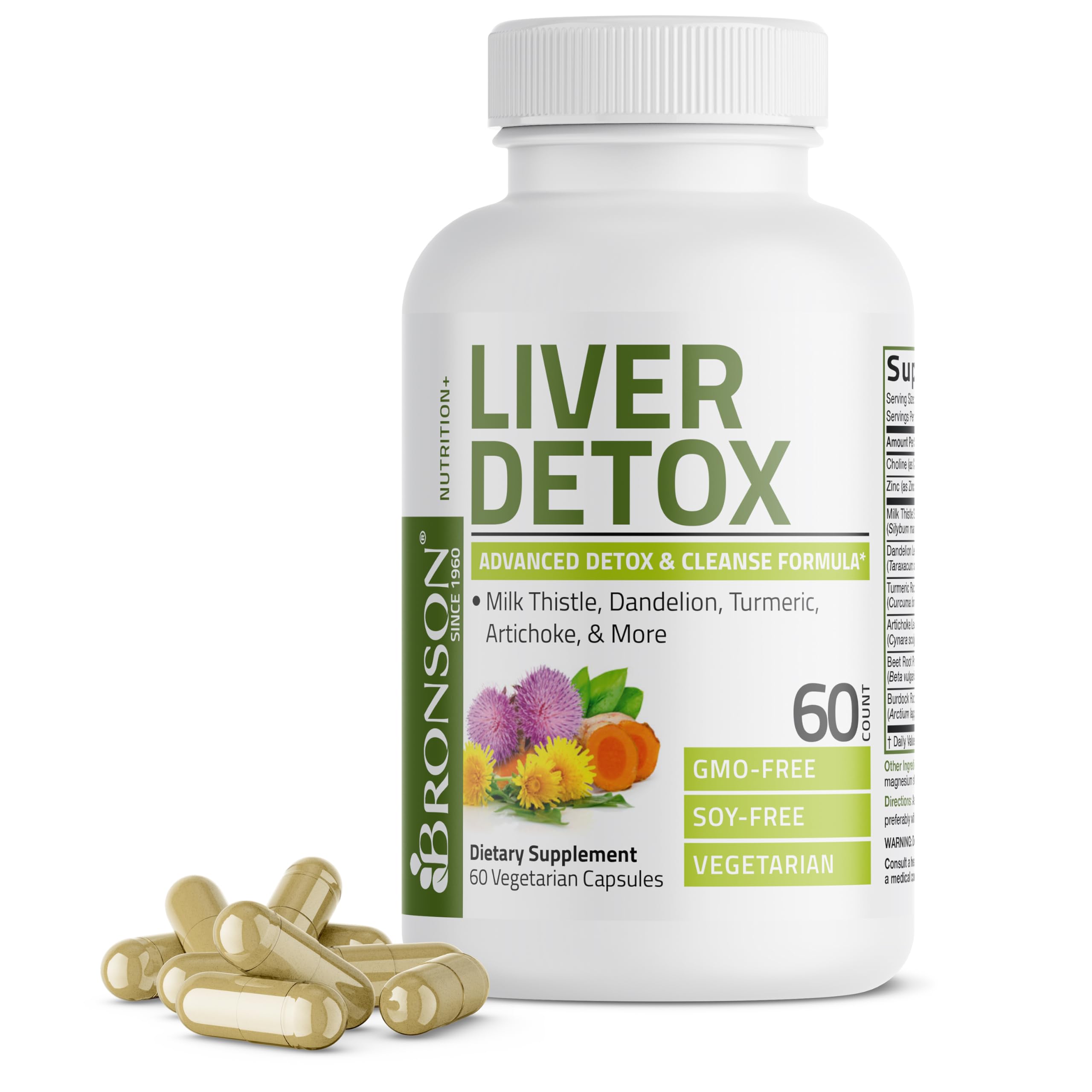 Bronson frasco delantero de Liver Detox mostrando diseño y beneficios