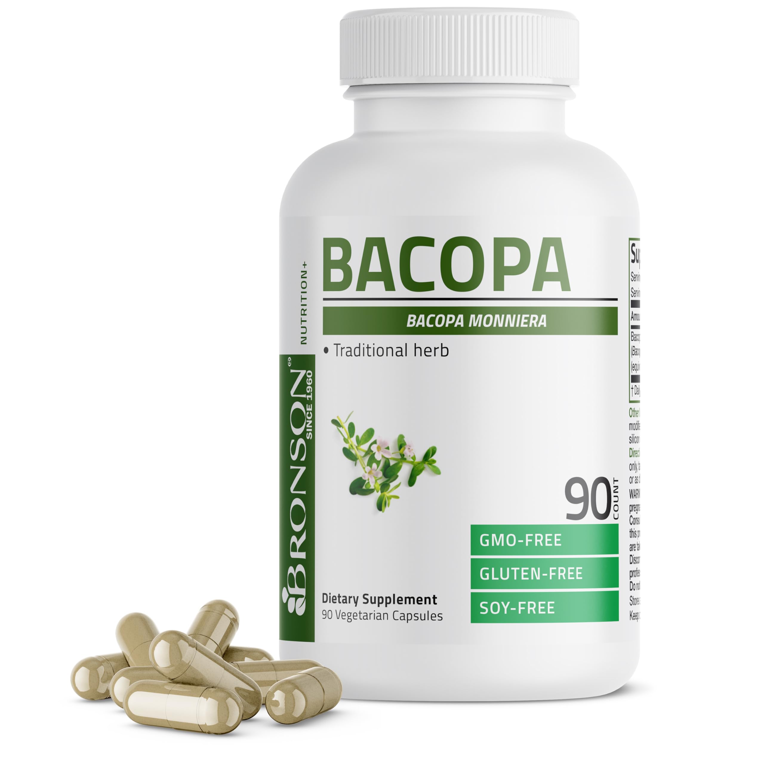 Bronson frasco frontal Bacopa mostrando etiqueta y beneficio para la función cerebral
